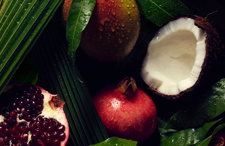 Die Inhaltsstoffe der Nutriplenish™ Kollektion: Granatapfel, Kokosnuss und Mango.