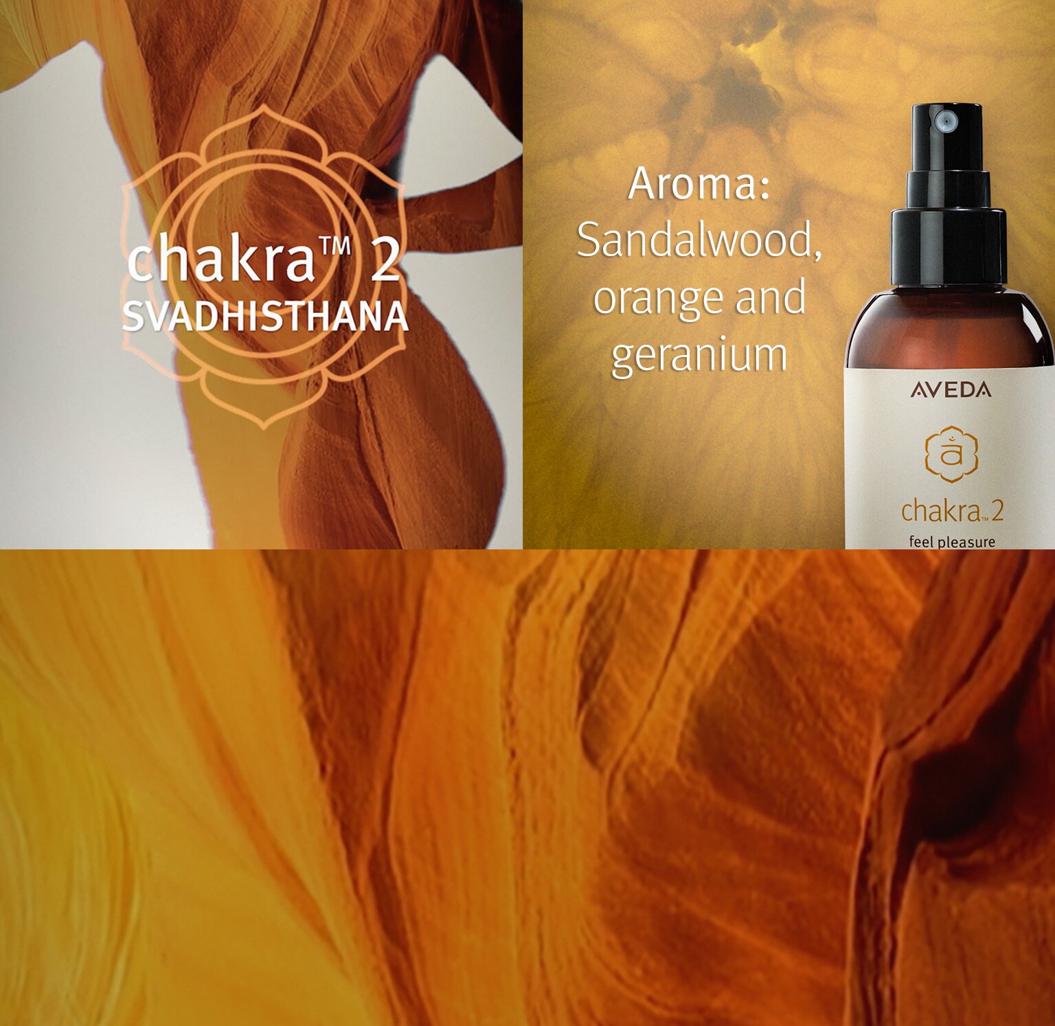 Das Aroma von Chakra 2 umfasst Saldalholz, Orange und Geranie